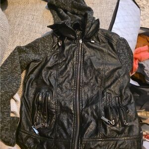 Black Faux Leather Moto Jacket w/ Knit Sleeves & Hood – Size Small